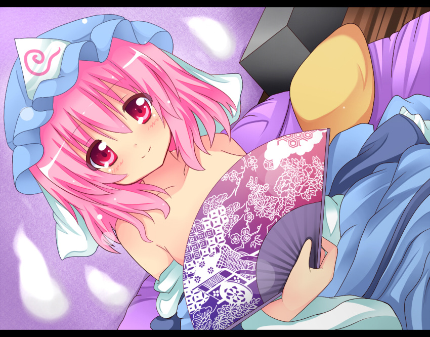 bare_shoulders blue_dress blush breasts collarbone covering covering_breasts dress dutch_angle fan folding_fan goshoguruma hat hexagon letterboxed off_shoulder pink_eyes pink_hair saigyouji_yuyuko saigyouji_yuyuko's_fan_design saigyouji_yuyuko's_fan_design shinekalta shippou_(pattern) short_hair sitting smile solo touhou veil