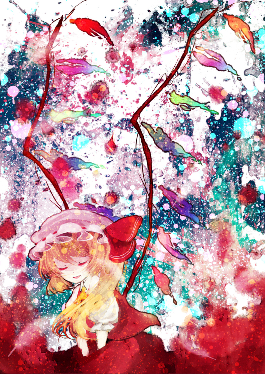 ascot blonde_hair bow closed_eyes dress eyes_closed flandre_scarlet highres mirimo open_mouth ribbon short_hair side_ponytail skirt smile solo the_embodiment_of_scarlet_devil touhou wings