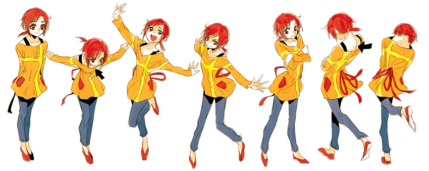 arms_behind_back crossed_arms highres hino_akane open_mouth pants posing precure red_hair redhead shoes simple_background smile smile_precure! smock tima white_background