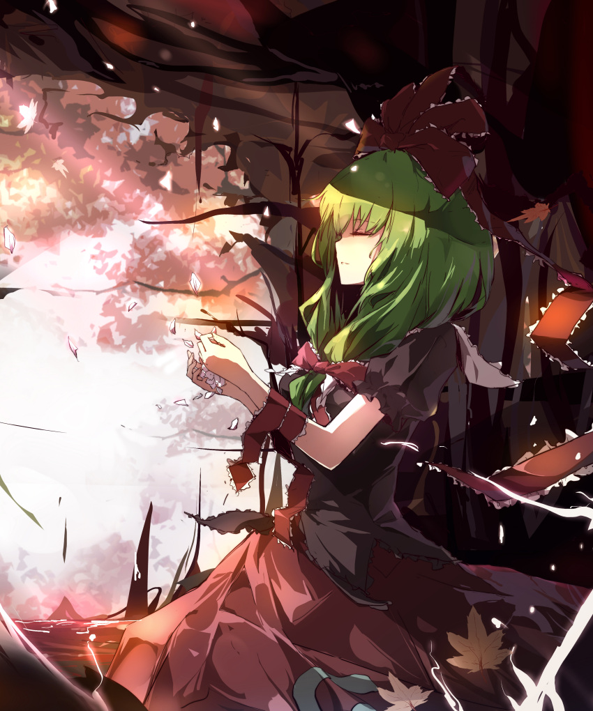 absurdres adapted_costume arm_ribbon bow closed_eyes dress eyes_closed frills front_ponytail green_hair hair_bow hair_ornament hair_ribbon highres kagiyama_hina leaf long_hair maple_leaf parted_lips ribbon sam_(new_bee) smile solo touhou