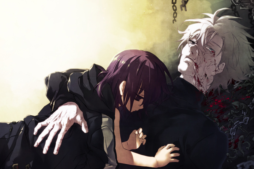 1girl blood blood_on_face child empty_eyes fate/zero fate_(series) hoodie matou_kariya matou_sakura purple_eyes purple_hair scr.e turtleneck uncle_and_niece violet_eyes white_hair young