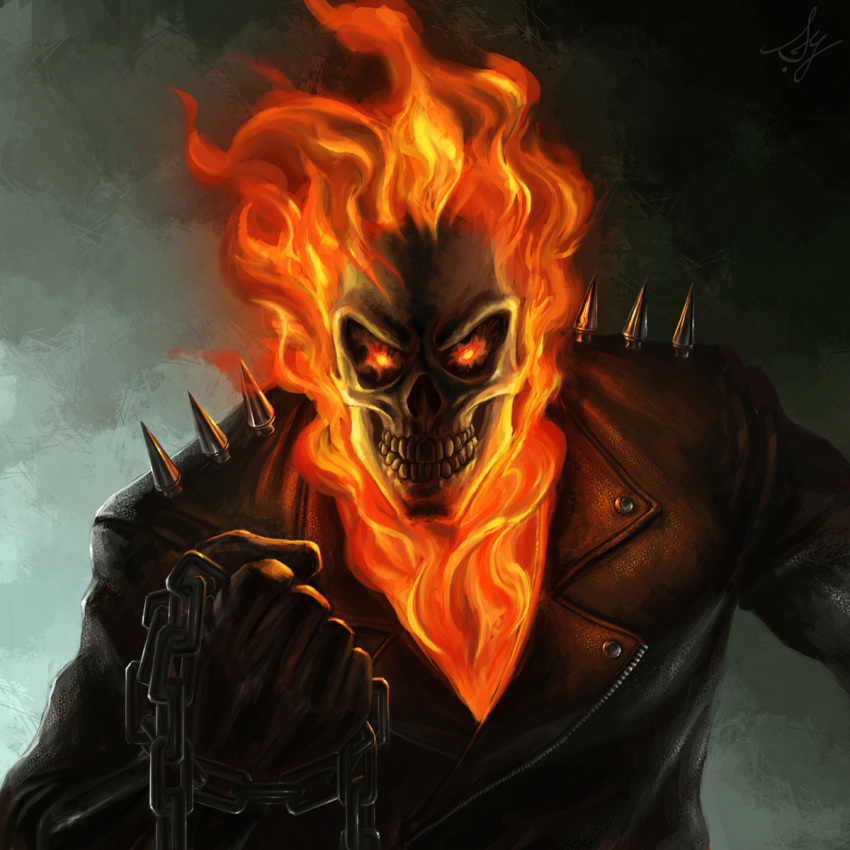 burning_eyes chain chains flame ghost_rider highres leather_jacket male marvel marvel_vs._capcom marvel_vs._capcom_3 marvel_vs_capcom marvel_vs_capcom_3 penance_stare skull solo spikes studded