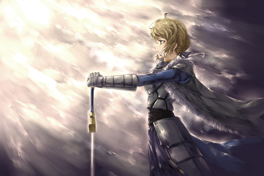 absurdres ahoge armor armored_dress blonde_hair cape dress excalibur fate/stay_night fate_(series) gauntlets green_eyes hair_ribbon hands_on_hilt highres planted_sword planted_weapon ribbon saber solo sword vlan weapon