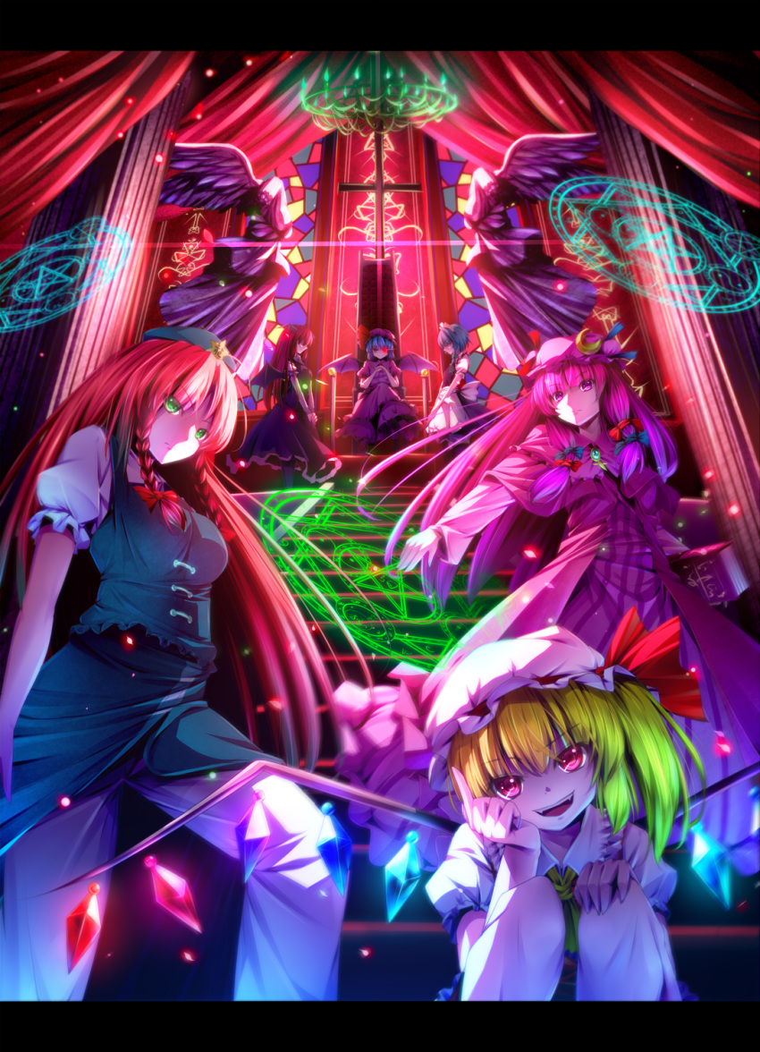 &gt;:) &gt;:d :d apron ascot bat_wings black_dress blonde_hair blue_dress blue_hair book bow braid breasts candlestand capelet chandelier chin_rest china_dress chinese_clothes closed_eyes coat crescent cross crossed_legs dress dress_shirt fangs flandre_scarlet glowing glowing_eye green_eyes hair_bow hair_ribbon hand_on_knee hat hat_ribbon head_tilt head_wings highres hong_meiling index_finger_raised izayoi_sakuya koakuma letterboxed long_hair long_sleeves magic_circle maid maid_headdress multiple_girls open_mouth outstretched_arm pants patchouli_knowledge payot pentagram pink_eyes purple_dress purple_eyes purple_hair raised_finger red_eyes red_hair redhead remilia_scarlet ribbon ryosios shirt short_hair short_sleeves side_ponytail silver_hair sitting skirt skirt_set smile squatting stained_glass stairs standing star statue striped striped_dress the_embodiment_of_scarlet_devil throne touhou twin_braids twintails v_arms vertical_stripes vest violet_eyes waist_apron white_shirt wings yin_yang
