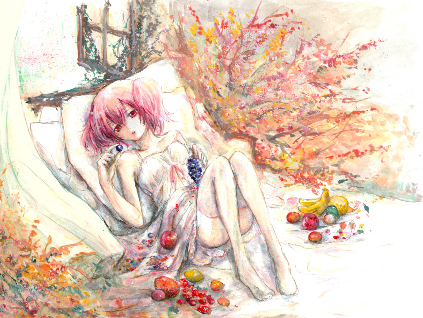 apple banana bare_shoulders bed convenient_censoring convenient_leg dress food fruit grapes highres inu_x_boku_ss lemon lime_(fruit) looking_at_viewer lying no_shoes on_back on_bed pink_eyes pink_hair roromiya_karuta solo strawberry thigh-highs thighhighs tomato traditional_media twintails white_dress white_legwear window yukabara