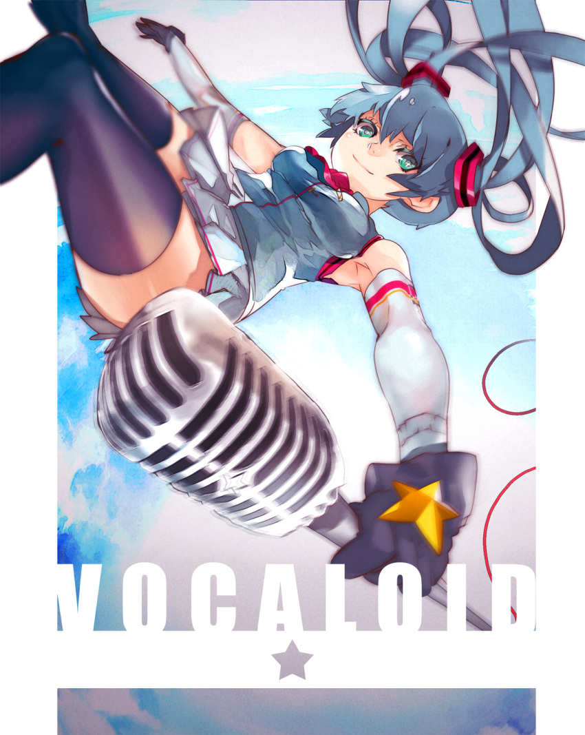 aqua_eyes aqua_hair elbow_gloves falling gloves hatsune_miku highres laio long_hair looking_at_viewer microphone microphone_stand skirt smile solo thigh-highs thighhighs twintails very_long_hair vintage_microphone vocaloid zettai_ryouiki