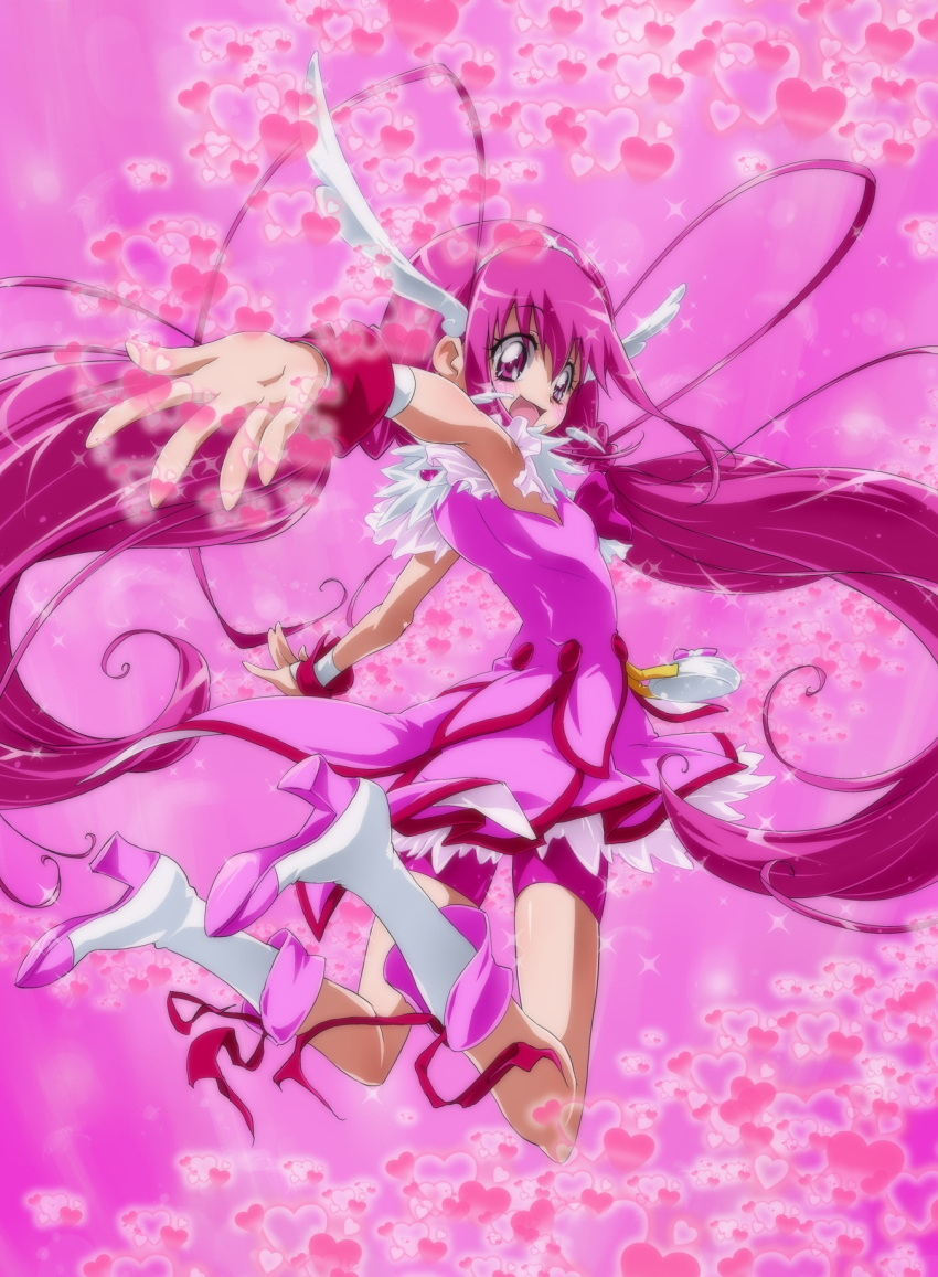 antenna_hair bike_shorts boots cure_happy head_wings heart highres hoshizora_miyuki jumping knee_boots long_hair open_mouth outstretched_arms pink pink_background pink_eyes pink_hair precure red_ribbon ribbon shoe_soles shorts_under_skirt smile smile_precure! solo sparkle spread_arms tisk twintails very_long_hair