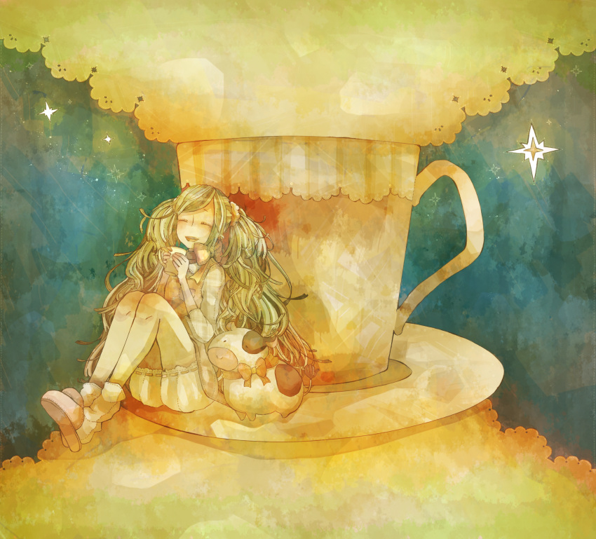 :d alternate_hair_color bow closed_eyes cow cup eyes_closed footwear green_hair hatsune_miku highres holding long_hair mizutame_tori open_mouth sandals saucer sitting sky smile socks solo star star_(sky) starry_sky teacup twintails vocaloid