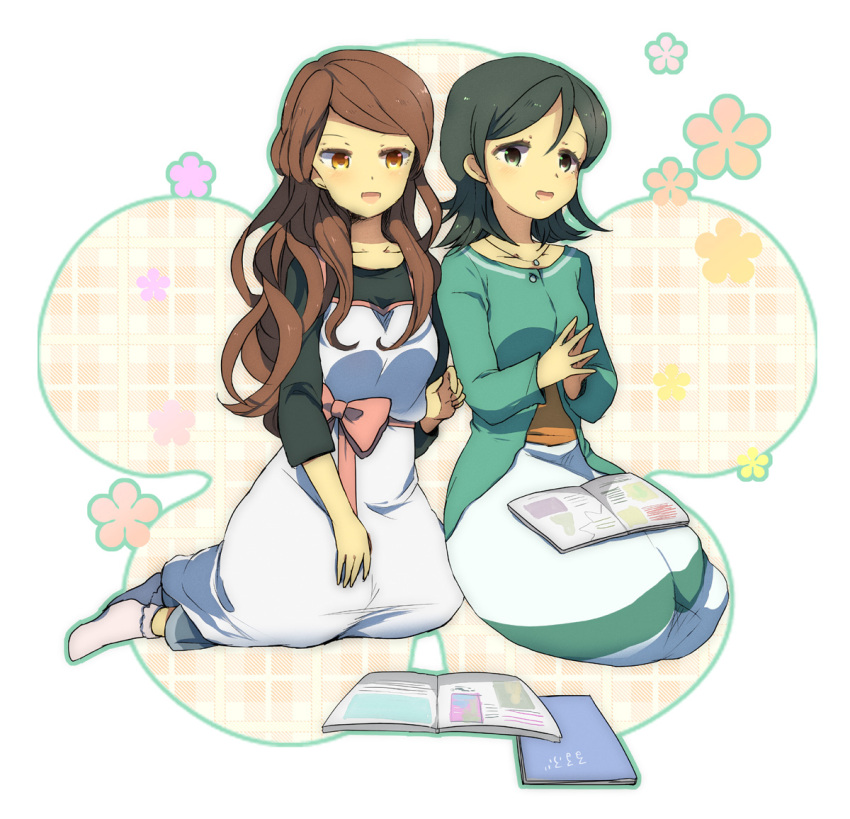 brown_eyes brown_hair cardigan green_eyes green_hair inazuma_eleven inazuma_eleven_(series) inazuma_eleven_go kino_aki long_hair multiple_girls open_mouth pants raimon_natsumi rinran short_hair sitting skirt smile yuri