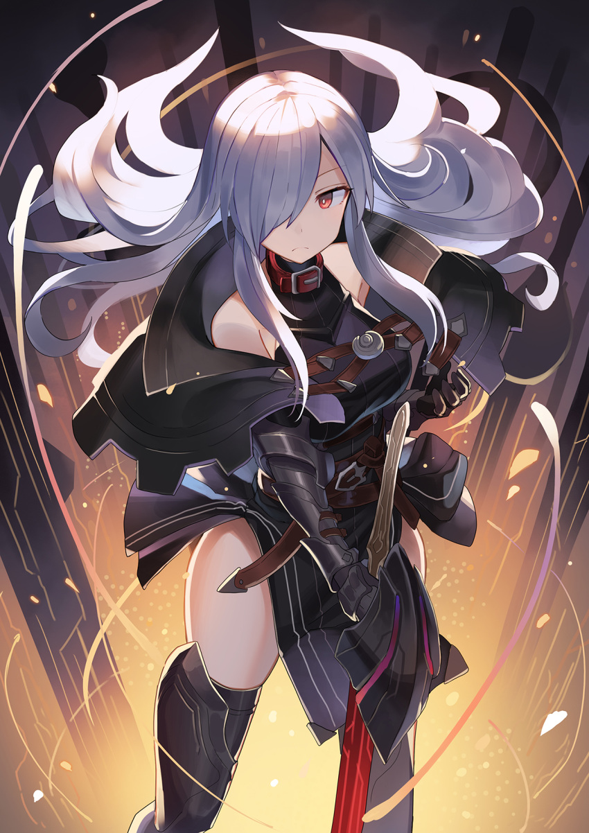 1girl arm_guards armor bangs bare_shoulders belt belt_collar black_capelet black_legwear breasts bright_pupils capelet closed_mouth collar feet_out_of_frame frown hair_over_one_eye highres large_breasts long_hair original over-kneehighs red_eyes red_neckwear rin_falcon shin_guards sidelocks silver_hair skindentation sleeveless solo swept_bangs sword thigh-highs thighs weapon white_hair white_pupils