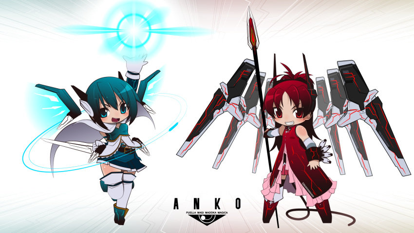 anubis_(z.o.e) blue_eyes blue_hair boots cape chibi cosplay crossover energy_ball energy_wings fin_funnels highres jehuty konami kuro_chairo_no_neko lance long_hair magical_girl mahou_shoujo_madoka_magica miki_sayaka multiple_girls parody polearm ponytail red_eyes red_hair redhead robot_ears sakura_kyouko thigh-highs thigh_boots thighhighs weapon wings zone_of_the_enders