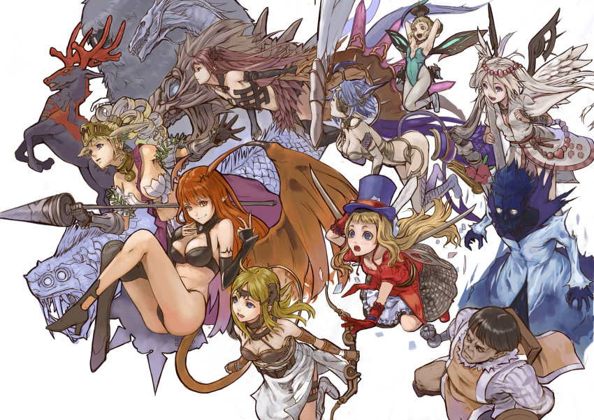 6+girls antlers armor athena_(lord_of_vermilion) bare_shoulders beard black_hair blonde_hair blue_eyes blue_hair bow_(weapon) breasts brown_eyes character_request cleavage closed_eyes cybele_(lord_of_vermilion) demon_girl dragon drill_hair elbow_gloves eyepatch eyes_closed facial_hair fairy_(lord_of_vermilion) gauntlets gloves glowing glowing_eyes hat head_wings highres lance leviathan lilith_(lord_of_vermilion) long_hair lord_of_vermilion mizore_akihiro monster multiple_boys multiple_girls open_mouth pointy_ears polearm red_eyes red_gloves red_hair redhead reindeer sharp_teeth short_hair smile succubus succubus_(lord_of_vermilion) sword top_hat twintails valkyrie valkyrie_(lord_of_vermilion) weapon white_hair wings