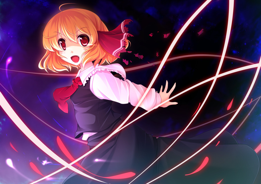 ahoge aosuke_(ayakawa_akito) arms_behind_back ayakawa_akito blonde_hair dress_shirt fang hair_ribbon light_particles light_trail long_sleeves looking_at_viewer necktie night open_hand open_mouth orange_hair outstretched_arms red_eyes ribbon rumia shirt short_hair skirt sky solo star_(sky) starry_sky the_embodiment_of_scarlet_devil tongue touhou vest youkai