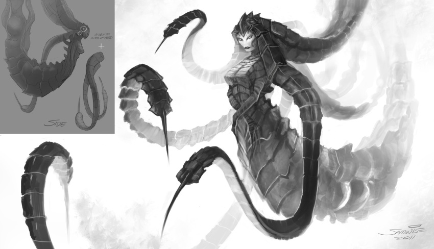 alien crossed_arms highres izsha monochrome monster_girl prehensile_hair samwise scales signature solo spikes starcraft starcraft_2:_heart_of_the_swarm starcraft_2:_wings_of_liberty tail zerg zerg_(starcraft)