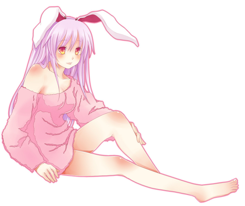 barefoot bottomless breasts bunny_ears long_hair looking_at_viewer monchi_(kashiwa2519) naked_sweater no_bra no_pants off_shoulder purple_hair reisen_udongein_inaba simple_background sweater touhou