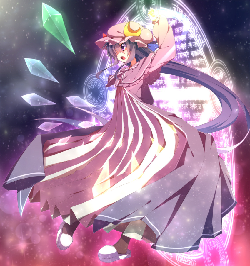 blush bow crescent crystal dress hat hat_bow highres long_hair magic_circle open_mouth patchouli_knowledge philosopher's_stone philosopher's_stone purple_eyes purple_hair ribbon solo touhou usamata violet_eyes