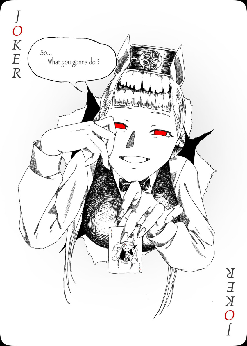 1girl animal_ears bari_(artist) blunt_bangs breasts card gold_ship_(umamusume) highres horse_ears horse_girl joker_(playing_card) long_hair long_sleeves looking_at_viewer no_pupils parted_lips pillbox_hat playing_card red_eyes shirt smile solo speech_bubble spot_color umamusume very_long_hair