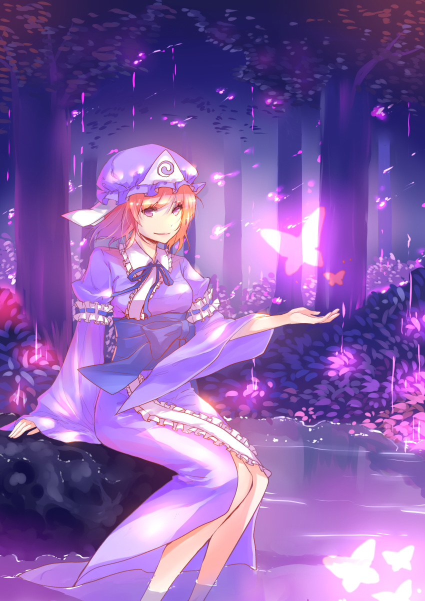 absurdres breasts butterfly cherry_blossoms feet_in_water forest glowing hat highres japanese_clothes nanayuna nature obi petals pink_eyes pink_hair reflection saigyouji_yuyuko short_hair sitting smile soaking_feet solo touhou tree triangular_headpiece water