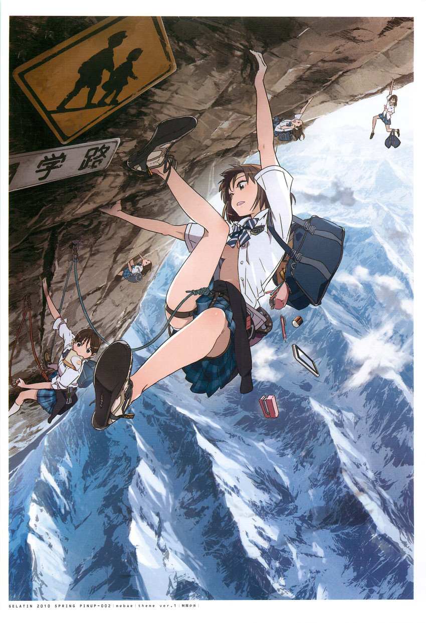absurdres bag bowtie breasts brown_eyes brown_hair climbing falling highres looking_at_viewer mebae mountain mountain_climbing mouth_hold multiple_girls no_bra no_socks open_clothes open_shirt original plaid plaid_skirt pleated_skirt rock_climb rock_climbing scan scenery school_uniform shoes short_hair shoulder_bag sign skirt sneakers toast toast_in_mouth translated under_boob underboob upshirt upskirt