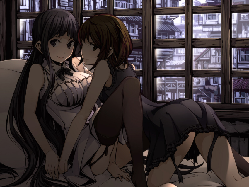 all_fours bare_shoulders bed black_eyes black_hair black_legwear black_vs_white breasts brown_eyes brown_hair building garter_straps hand_holding holding_hands jewelry key large_breasts long_hair looking_at_viewer lying mouth_hold multiple_girls necklace no_shoes on_back on_bed original pillow short_hair smile thigh-highs thighhighs torigoe_takumi very_long_hair window yuri