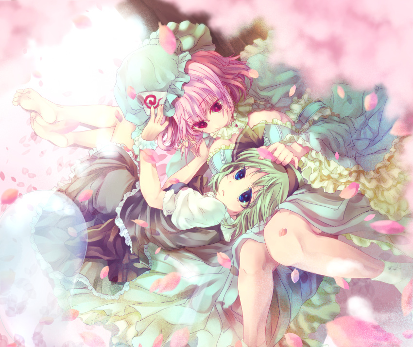 arm_ribbon barefoot blue_dress blue_eyes breasts cherry_blossoms cleavage cleavage_cutout dress ghost hair_ribbon hand_in_hair hand_on_hat hand_on_head hat highres konpaku_youmu konpaku_youmu_(ghost) lap_pillow lying maryquant multiple_girls on_side petals pink_eyes pink_hair ribbon saigyouji_yuyuko shirt short_hair silver_hair sitting skirt skirt_set touhou tree vest wrist_cuffs yuri