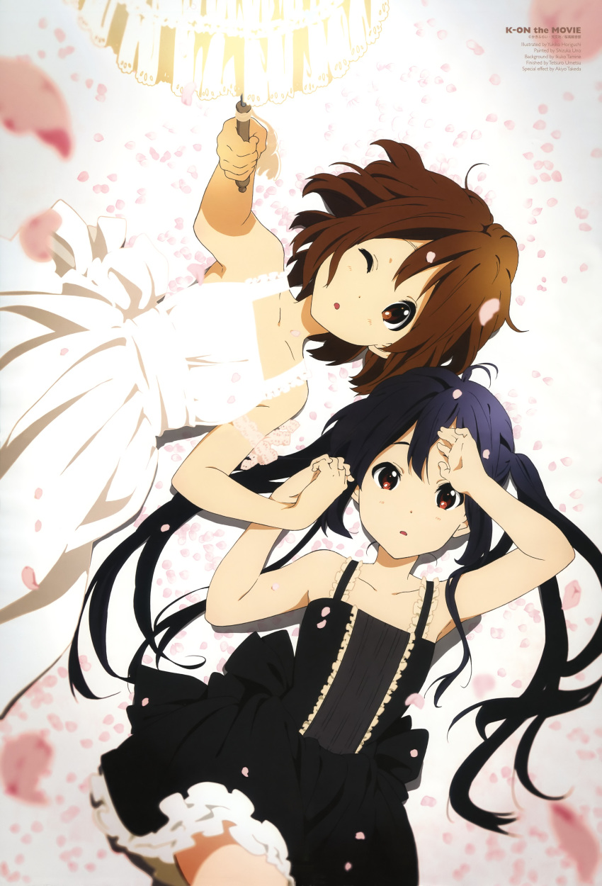 :o absurdres arm_up bare_shoulders black_dress black_hair brown_eyes brown_hair cherry_blossoms dress frills hand_on_forehead highres hirasawa_yui holding_hands horiguchi_yukiko k-on! k-on!_movie lace long_hair looking_at_viewer looking_away lying multiple_girls nakano_azusa on_back parasol short_hair twintails umbrella very_long_hair white_dress wink