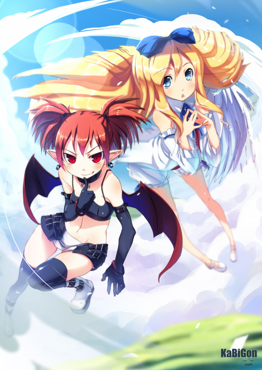 :q angel bat_wings blonde_hair blue_eyes boots bow choker demon_girl demon_wings detached_sleeves disgaea earrings elbow_gloves etna flonne gloves hair_bow highres jewelry kabigon long_hair multiple_girls petals pointy_ears red_eyes red_hair redhead short_hair short_shorts short_twintails shorts slit_pupils smile tongue twintails wings