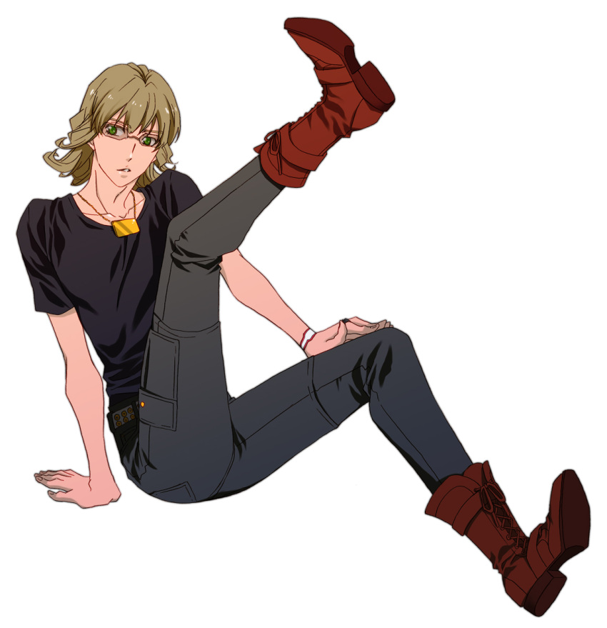 barnaby_brooks_jr blonde_hair boots facial_hair glasses green_eyes highres jewelry leg_up male mikuni_saho necklace simple_background solo t-shirt tiger_&amp;_bunny white_background