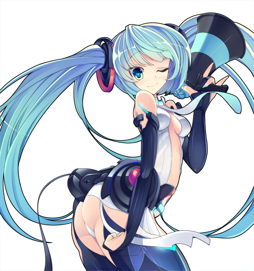 1girl aqua_eyes aqua_hair breasts bridal_gauntlets center_opening hatsune_miku hatsune_miku_(append) highres long_hair megaphone miku_append necktie simple_background smile solo thighhighs torisan twintails very_long_hair vocaloid vocaloid_(tda-type_ver) vocaloid_append white_background wink