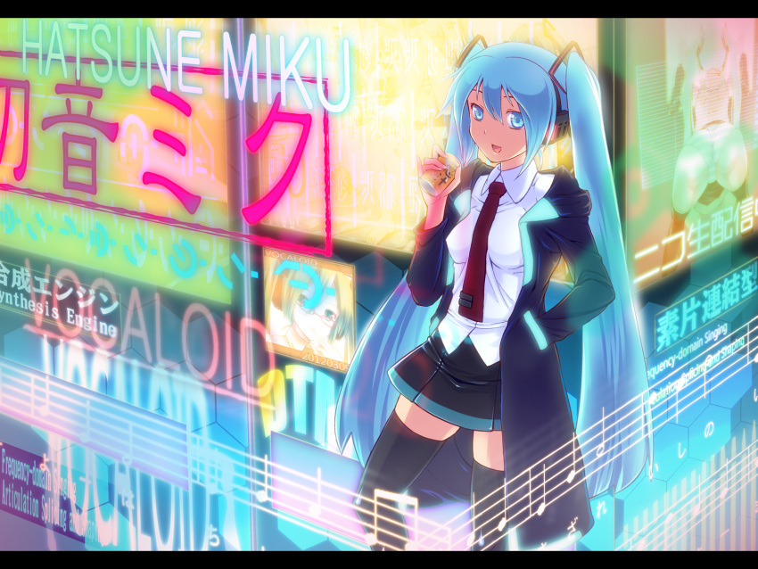 2012 ass blue_eyes blue_hair can character_name dated hand_in_pocket hatsune_miku headphones highres letterboxed long_hair mochisuke_teru necktie open_mouth pinky_out skirt solo thigh-highs thighhighs twintails very_long_hair vocaloid