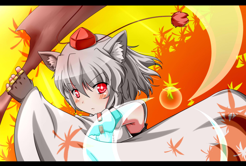 alternate_weapon animal_ears blush detached_sleeves grey_hair hat highres inubashiri_momiji leaf letterboxed looking_at_viewer minagokoro red_eyes short_hair solo sword touhou weapon