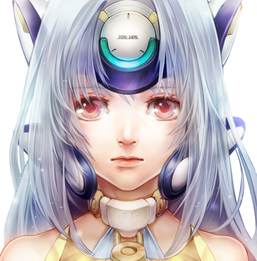 1girl blue_hair bust character_name face headgear highres kos-mos lips long_hair looking_at_viewer red_eyes senano-yu simple_background solo white_background xenosaga