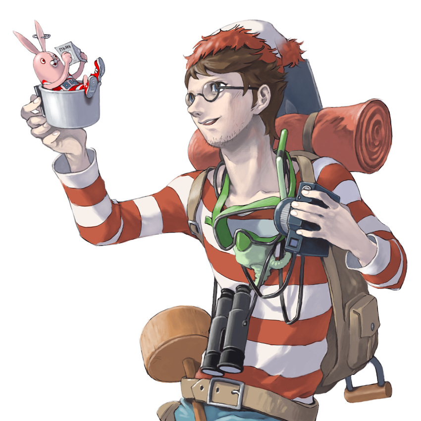 backpack bag belt binoculars brown_hair camera cup facial_hair glasses hat highres holding kirenenko long_sleeves male open_mouth pamphlet pomodorosa randoseru reading risa_hibiki shirt short_hair shovel simple_background smile snorkel solo striped striped_shirt stubble t-shirt usavich wally where's_wally where's_wally white_background worktool