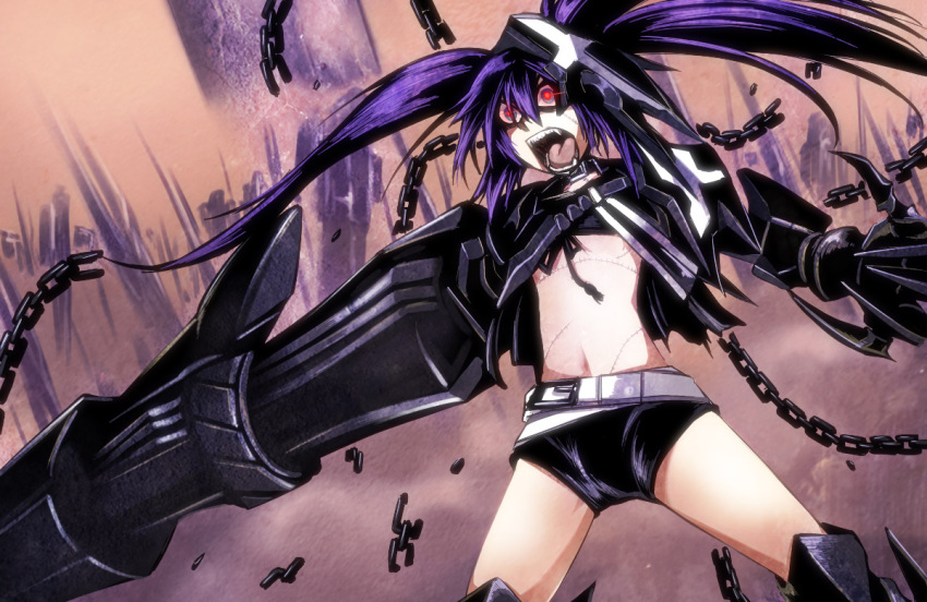arm_cannon black_hair black_rock_shooter blue_eyes chain chains choker claws crazy dos_(artist) insane_black_rock_shooter jacket midriff multicolored_eyes navel open_mouth red_eyes scar shorts solo spoilers twintails weapon