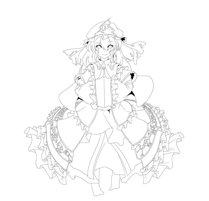 absurdres hands_in_sleeves hat highres lineart looking_at_viewer minagokoro monochrome saigyouji_yuyuko smile solo touhou