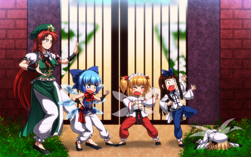 5girls alternate_costume black_shoes blonde_hair blue_eyes blue_hair blush bow braid brown_hair chinese_clothes cirno closed_eyes drill_hair faceplant fairy_wings fighting_stance flapping gate grass hair_bow hair_ribbon hat height_difference hong_meiling ice ice_wings long_hair long_sleeves luna_child lying maid_headdress martial_arts multiple_girls on_stomach open_mouth outstretched_arms pants puffy_sleeves redhead ribbon sash shirt shocked_eyes short_hair short_sleeves side_slit skirt skirt_set sleeveless sleeveless_shirt smile squiggle standing_on_one_leg star star_sapphire sunny_milk sweat tomoyohi touhou training twin_braids twintails very_long_hair wall wavy_mouth wide_sleeves wings wrist_cuffs