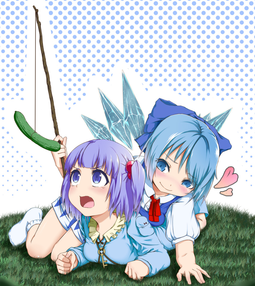 blue_eyes blue_hair blush bobby_socks bow cirno colored_eyelashes cucumber dodomakunaru fangs footwear hair_bobbles hair_bow hair_ornament halftone halftone_background heart highres ice ice_wings kawashiro_nitori key lavender_hair long_sleeves lying lying_on_person multiple_girls neck_ribbon no_hat no_headwear on_ground on_stomach open_mouth ribbon short_hair short_twintails smile socks tears teasing touhou twintails white_legwear wings