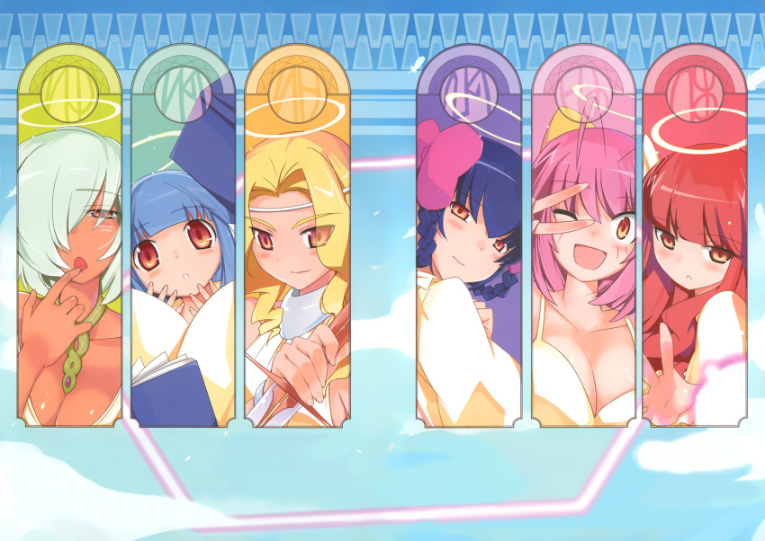 ahoge apollo_(kaminomi) book breasts cleavage column_lineup dark_skin diana_(kaminomi) goddess hair_over_one_eye halo highres jewelry kami_nomi_zo_shiru_sekai large_breasts mars_(kaminomi) mercury_(kaminomi) minerva_(kaminomi) multiple_girls necklace v vulcan_(kaminomi) wakaki_tamiki wink