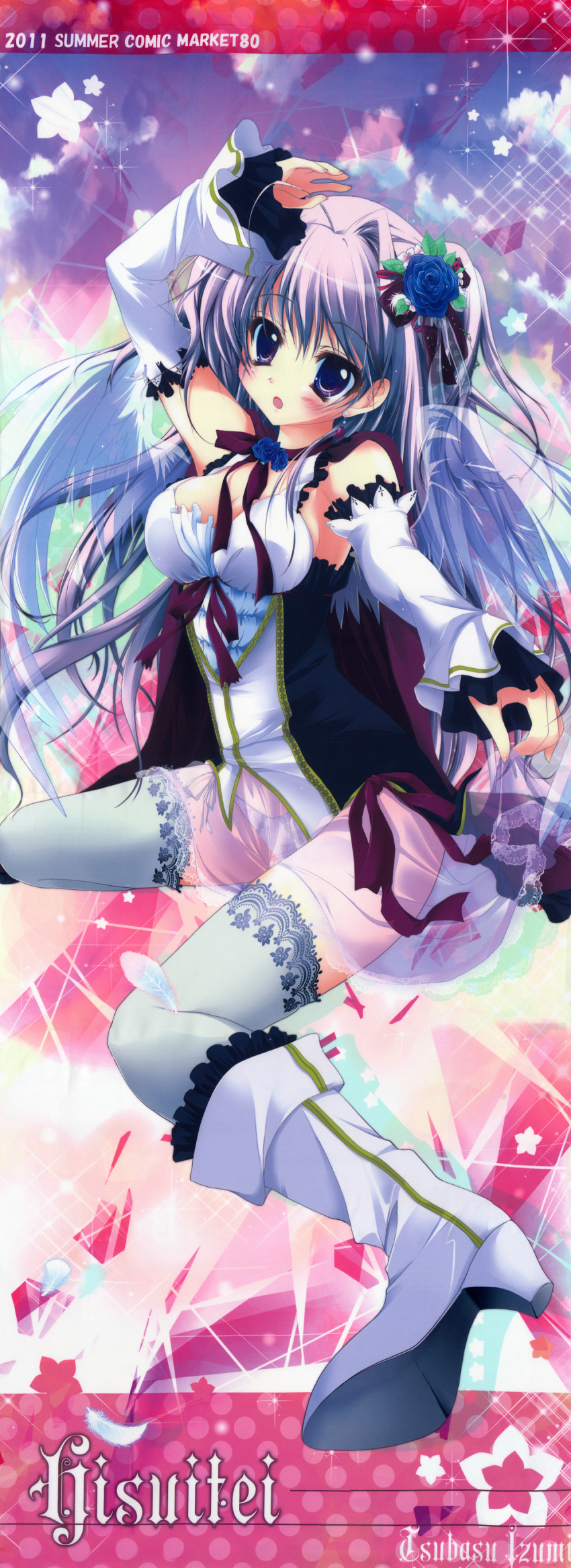 absurdres antenna_hair armpits boots breasts cleavage copyright_request detached_sleeves dress_shirt feathers flower flower_on_head hair_flower hair_intakes hair_ornament highres izumi_tsubasu long_image panties see-through shirt side-tie_panties stick_poster tall_image thigh-highs thighhighs underwear wings