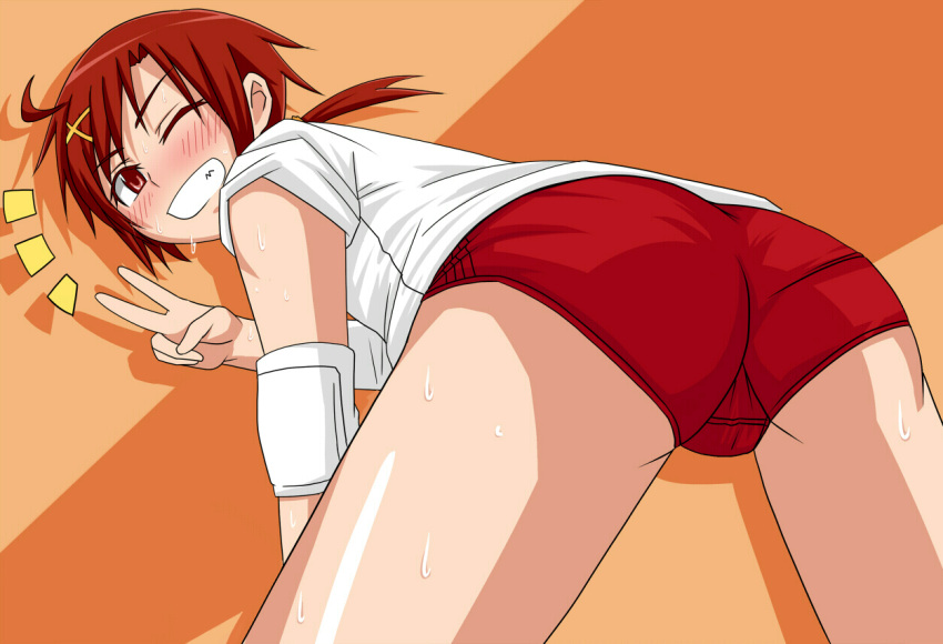 ;d ahoge ass blush buruma elbow_pads grin gym_uniform hair_ornament hairclip hino_akane keke_(artist) looking_at_viewer open_mouth orange_background precure red_hair redhead short_hair simple_background sleeves_rolled_up smile smile_precure! solo sweat t-shirt v wink