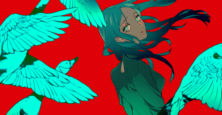 1girl bindi bird black_hair commentary_request dark-skinned_female dark_skin dress flying goose green_eyes gundam gundam_gquuuuuux highres lalah_sune looking_at_viewer mobile_suit_gundam npn red_background simple_background solo