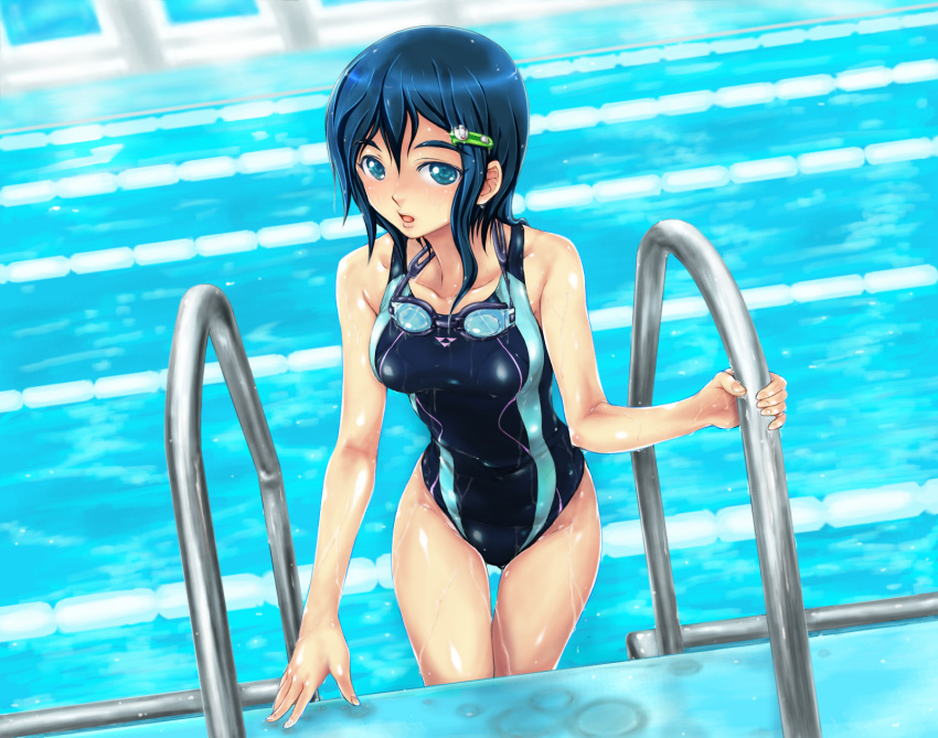 1girl blue_eyes blue_hair collarbone competition_swimsuit covered_navel eyebrows goggles goggles_around_neck hair_ornament hairclip highres idolmaster idolmaster_dearly_stars looking_at_viewer mizutani_eri one-piece_swimsuit open_mouth pool pool_ladder poolside shiny shiny_clothes shiny_hair shiny_skin short_hair skin_tight solo swimsuit tachi_hirushi water wet wet_swimsuit