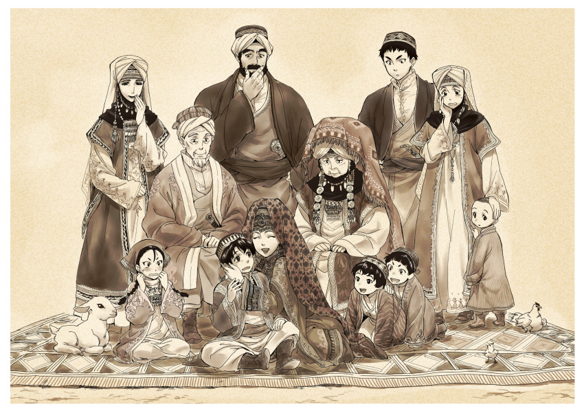 amira balkirsh bird boots braid brother_and_sister brothers carpet chalg character_request chicken family father_and_daughter father_and_son goat group_picture headdress highres hug husband_and_wife indesign jewelry karluk long_hair mahatbek mother_and_daughter mother_and_son otoyome-gatari otoyomegatari rostem sanira seleke sepia siblings smile tileke tokcan traditional_clothes yusuf