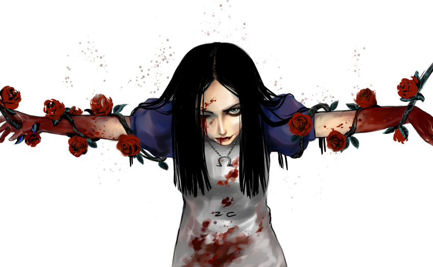 alice:_madness_returns alice_(wonderland) alice_in_wonderland american_mcgee's_alice american_mcgee's_alice black_hair blood blood_splatter bloody_clothes blue_eyes bound_arms flower highres injury jewelry long_hair looking_at_viewer outstretched_arms pendant rose solo vines wink zctc840