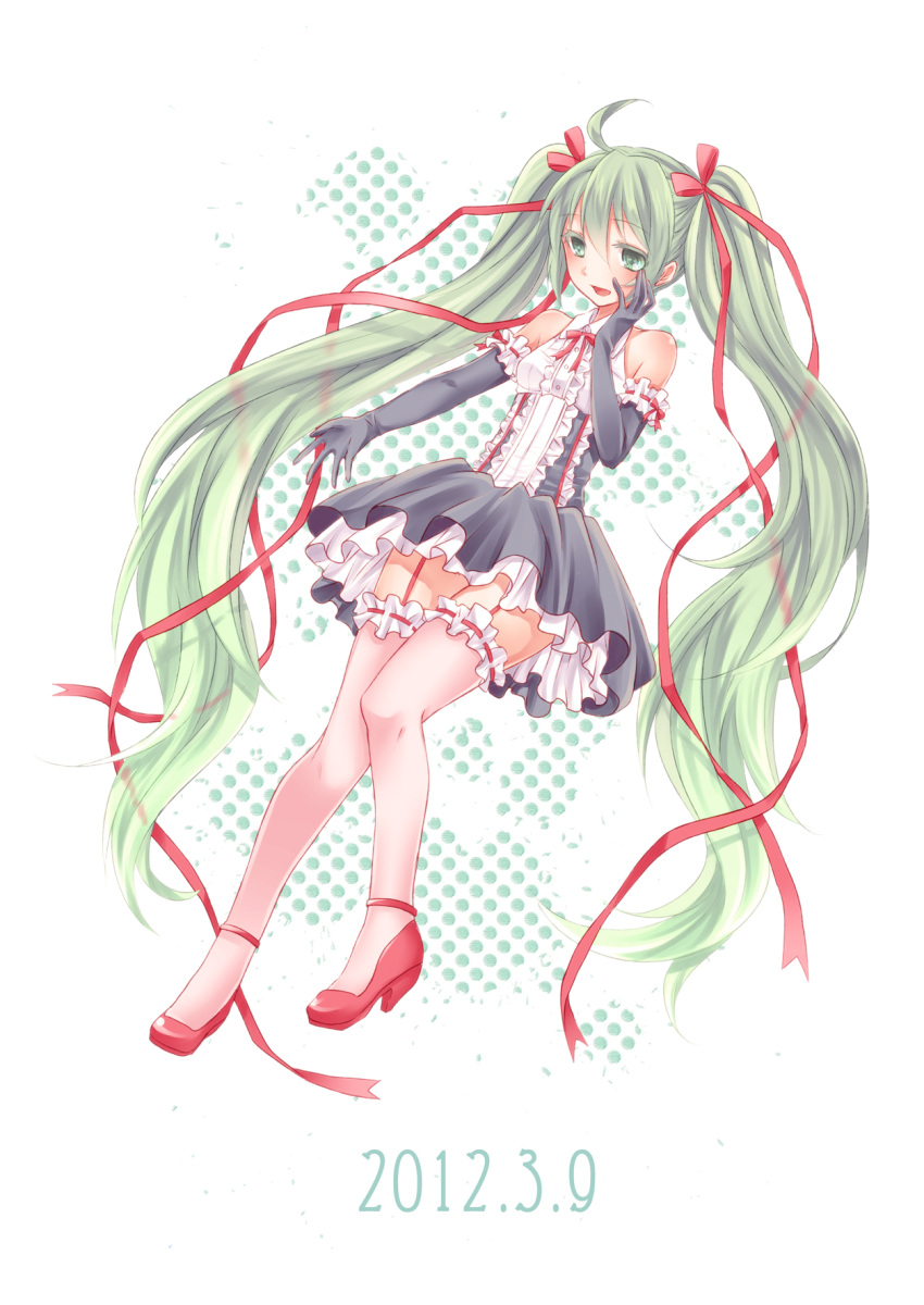 2012 ahoge bare_shoulders dated elbow_gloves frills garter_straps gloves green_eyes green_hair hair_ribbon hand_on_own_face hatsune_miku high_heels highres long_hair mikupa open_mouth petticoat ribbon shoes skirt solo thigh-highs thighhighs twintails very_long_hair vocaloid yayoi_(egoistic_realism)