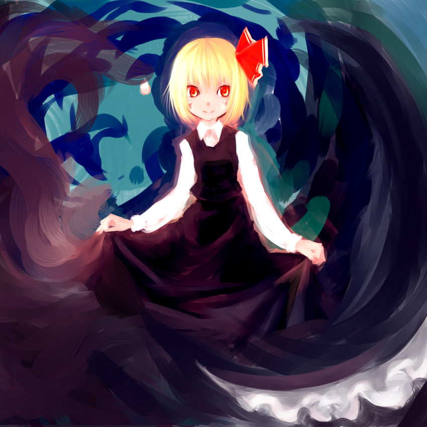 blonde_hair blush_stickers glowing glowing_eyes highres holding_skirt looking_at_viewer rumia sakana_(packetsjp) short_hair skirt_hold smile solo the_embodiment_of_scarlet_devil touhou youkai