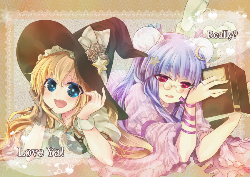 arm_ribbon arm_support bad_id black_dress blue_eyes blush book braid crescent double_bun dress english glasses hair_ornament hat high highres kirisame_marisa legs_up long_hair lying maryquant multiple_girls no_hat no_headwear on_stomach open_mouth patchouli_knowledge pince-nez purple_eyes purple_hair ribbon shirt single_glove smile star striped striped_dress touhou violet_eyes witch witch_hat wrist_cuffs