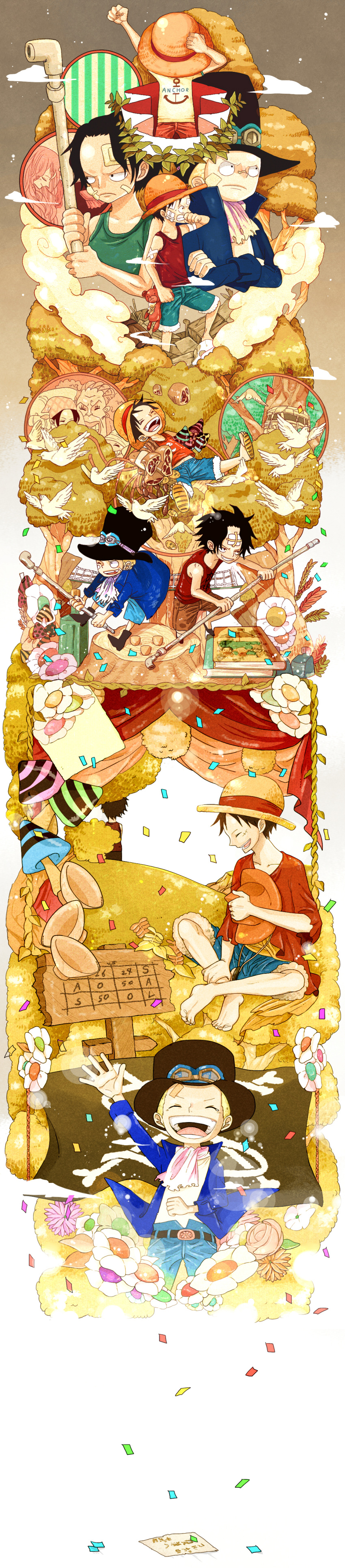 3boys bad_id bandage bandages bandaid black_hair blonde_hair bread brother brothers child closed_eyes curly_dadan death dogra eyes_closed family flower food freckles goggles grin happy hat head_scarf highres leaf long_image makino makino_(one_piece) meat monkey_d_luffy multiple_persona multiple_views one_piece petals portgas_d_ace portgas_d_rouge sabo_(one_piece) sausage scar short_hair siblings sleeveless sleeveless_shirt smile straw_hat stuffed_animal stuffed_toy sunaya tall_image tears teddy_bear top_hat tree waving young