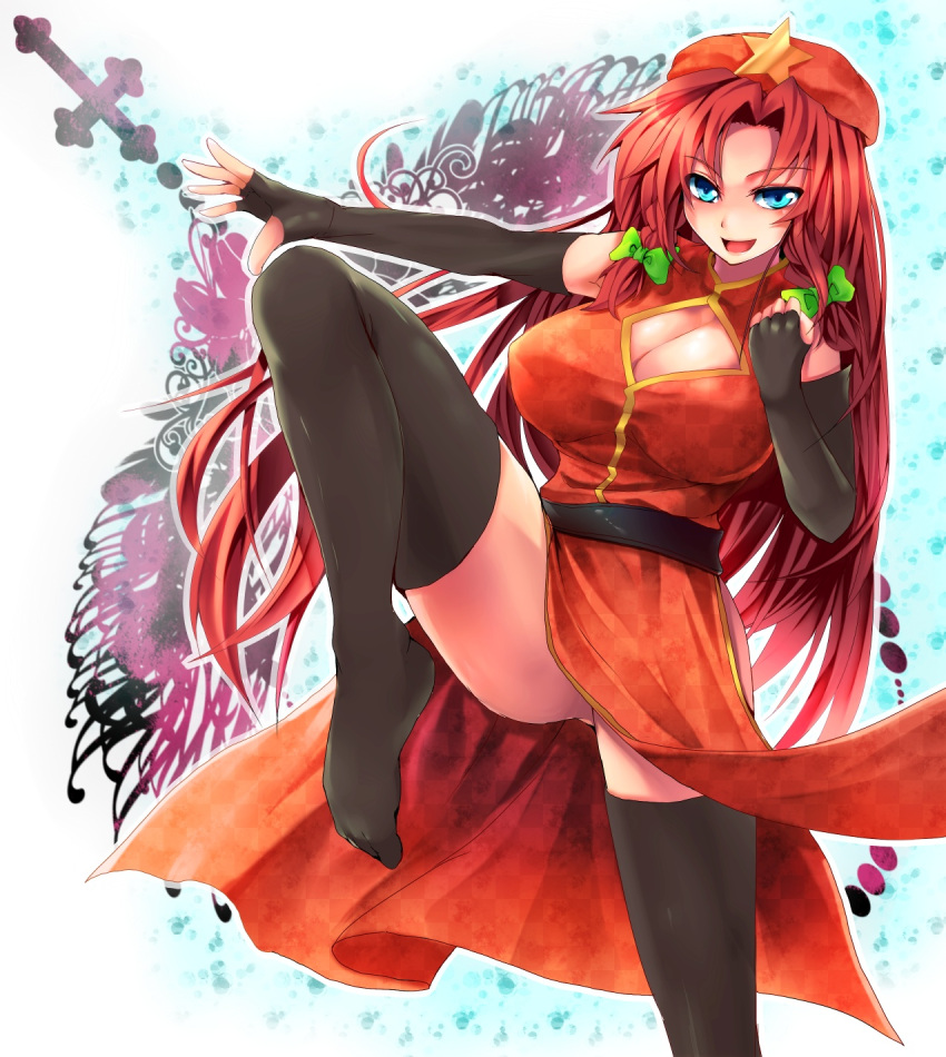 alternate_color beret black_legwear bow breasts china_dress chinese_clothes cleavage cleavage_cutout elbow_gloves feet fighting_stance fingerless_gloves gloves hair_bow hat highres hong_meiling large_breasts leg_up legs long_hair long_legs no_panties red_hair redhead ryuushou side_slit solo star thigh-highs thighhighs thighs touhou very_long_hair