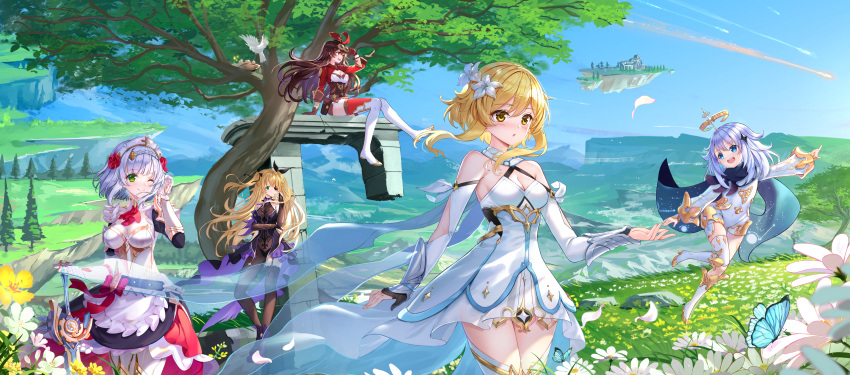 5girls :d ;) absurdres amber_(genshin_impact) bare_shoulders bird blonde_hair blue_eyes brown_hair bug butterfly cape character_request chinese_commentary commentary_request day detached_sleeves dress fischl_(genshin_impact) floating floating_island flower genshin_impact goggles goggles_on_head grass green_eyes hair_flower hair_ornament highres horizon insect long_hair minigirl mixed-language_commentary multiple_girls nest noelle_(genshin_impact) one_eye_closed open_mouth outdoors paimon_(genshin_impact) short_hair silver_hair smile sword swordsouls thigh-highs tree two_side_up very_long_hair weapon white_dress yellow_eyes